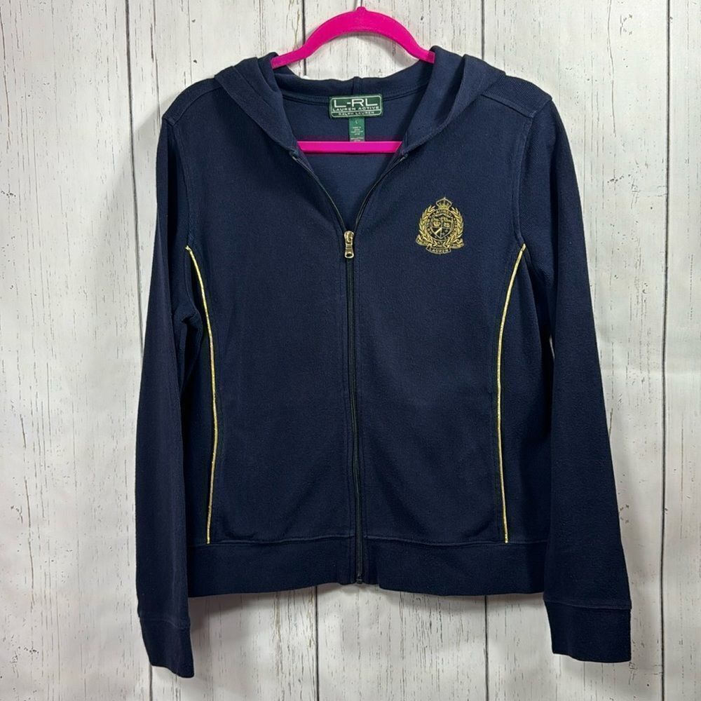 Lauren Ralph Lauren Active Gold Crest Logo Hoodie Blue Zip Up Womens Jacket